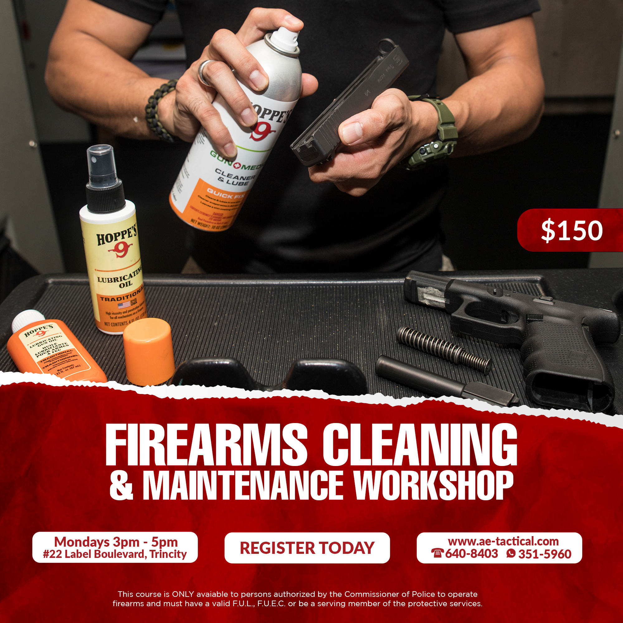 firearm cleaning poster. a man holding a gun slide about to spray a cleaner on it
